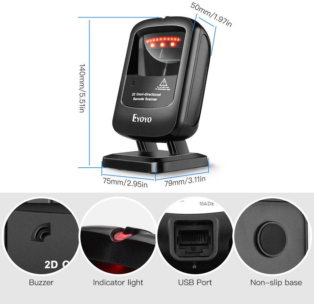 Eyoyo 1D 2D Desktop Barcode Scanner, Omnidirectional HandsFree USB